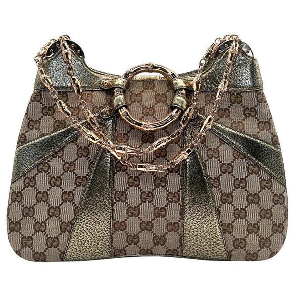 Gucci GG Monogram Gold Leather Bag w/ Bamboo Chain Strap/Ring -Limited Edition - Picture 1 of 10